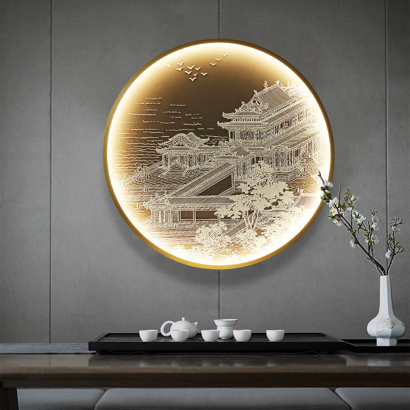Three Dimensional Relief Entryway Decorative Painting Lamp Circular Background Wall Landscape Mural Lamp