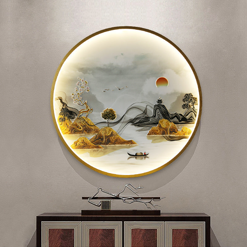 Three Dimensional Relief Entryway Decorative Painting Lamp Circular Background Wall Landscape Mural Lamp